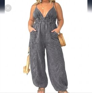 Yoeasy Women's V Neck Adjustable Strap Denim Lightweight Wide Leg Romper 3xl New